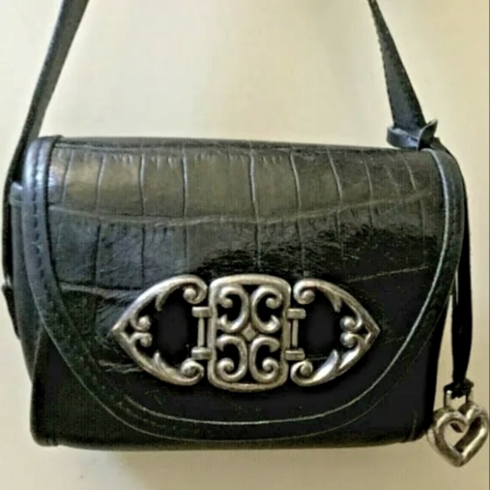 Brighton Black Solid & Croco Leather Small Crossbody/shoulder Bag 6 X 5 X 2